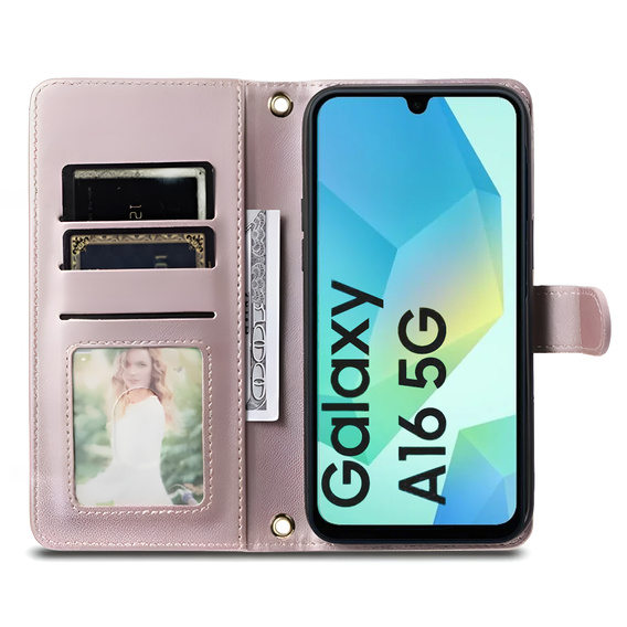 Etui z klapką do Samsung Galaxy A16 / A16 5G, Rhombus Crossbody Leather, różowe rose gold