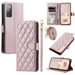Etui z klapką do Samsung Galaxy S20 FE, Rhombus Crossbody Leather, różowe rose gold