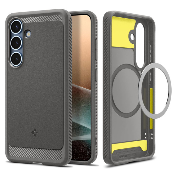 Etui Spigen do Samsung Galaxy S25, Rugged Armor MagSafe, szare + Szkło Hartowane 9H