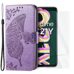 Zestaw Etui z klapką do Realme C21Y / C25Y, Motyl, Fioletowe + szkło