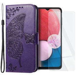 Zestaw Etui z Klapką do Samsung Galaxy A13 4G, Motyl, Fioletowe + szkło