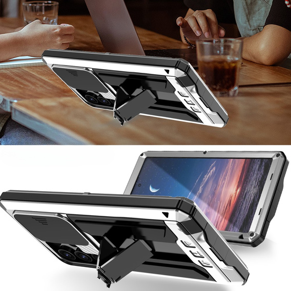 Etui pancerne do Samsung Galaxy S25 Ultra, R-JUST, z przesłoną aparatu i podstawką, srebrne