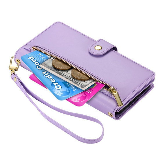 Etui z klapką do Samsung Galaxy S24 FE, Wallet Zipper Pocket, fioletowe