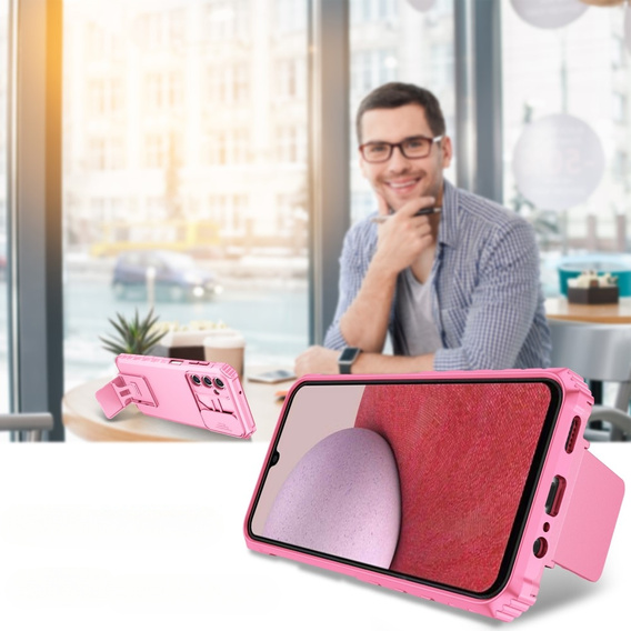 Etui pancerne do Samsung Galaxy A14 4G/5G, Camshield z podstawką, Różowe