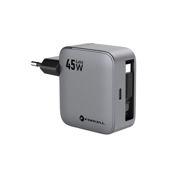 Ładowarka sieciowa do telefonu Forcell F-Energy GaN USB C + zwijany kabel USB C PD QC4.0 3A 45W VT-R5 - szara
