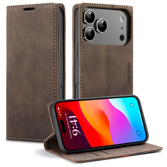Etui do iPhone 17 Pro Max, ERBORD Vintage portfel z klapką, brązowe
