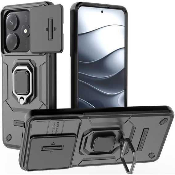 Etui do Xiaomi Redmi Note 14 5G, KickStand Camera Lens, czarne + Szkło 9H