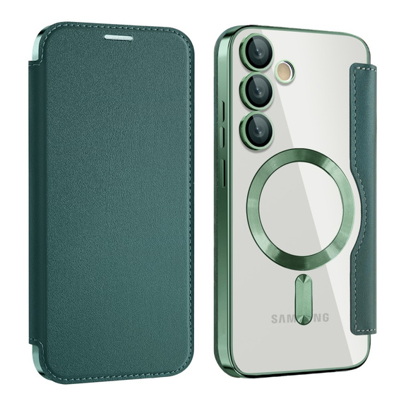 Etui z klapką do Samsung Galaxy S24 FE, RFID Wallet MagSafe z ochroną aparatu, zielone