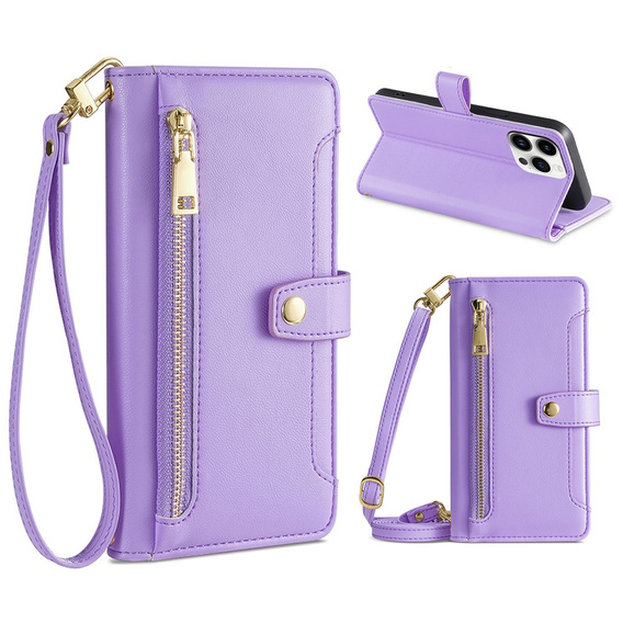 Etui z klapką do iPhone 15 Pro Max, Wallet Zipper Pocket, fioletowe