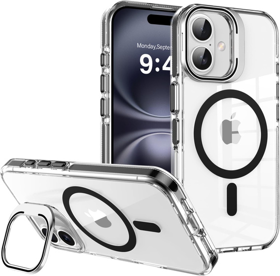 Etui do iPhone 17, do MagSafe, z podstawką, przezroczyste z czarnymi akcentami