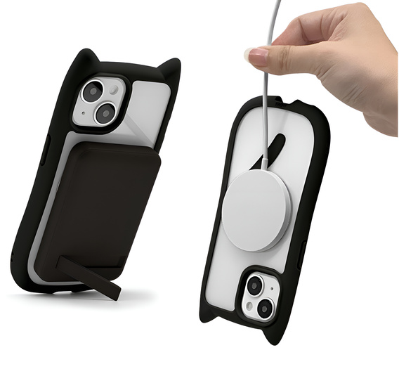 Etui do iPhone 15, do MagSafe, Cute Cat, czarne + Szkło na ekran