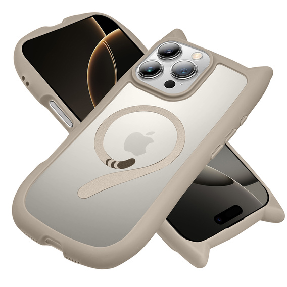 Etui do iPhone 16 Pro Max, do MagSafe, Cute Cat, szare + Szkło na ekran