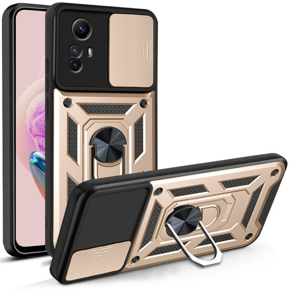 Zestaw Etui pancerne do Xiaomi Redmi Note 12S 4G, Nox Camera Slide, złote + Szkło