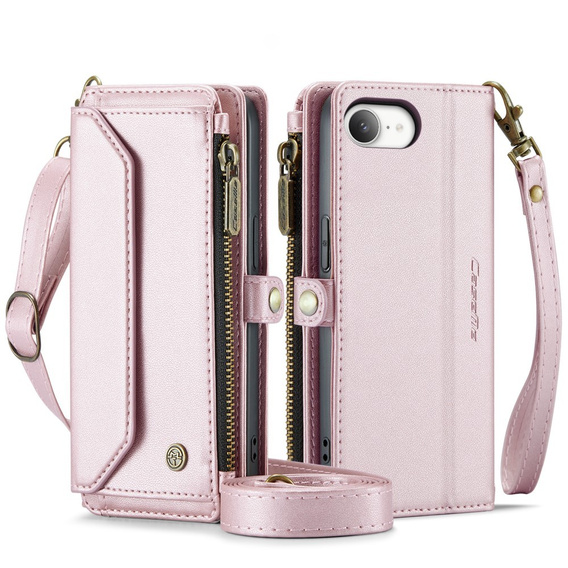 Etui CASEME do iPhone 16E, RFID Leather Wallet, z paskiem na ramię, różowe