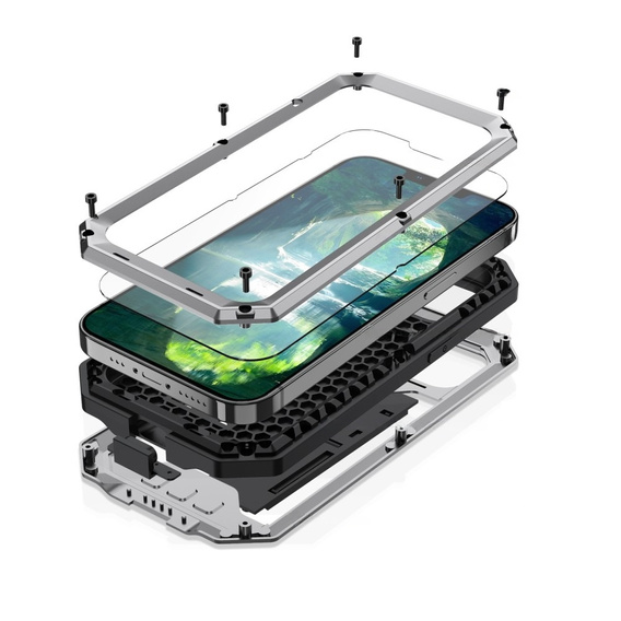 Etui do iPhone 13 Mini, R-JUST CamShield Slide, pancerne, srebrne / czarne