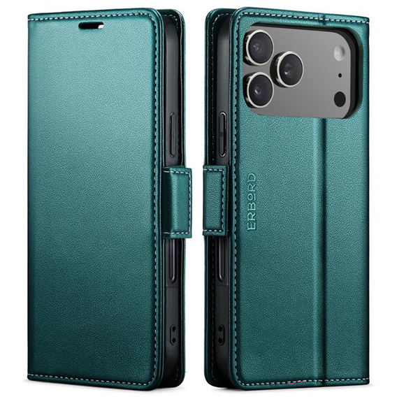 Etui do iPhone 17 Pro Max, ERBORD Glossy Litchi, portfel z klapką, zielone