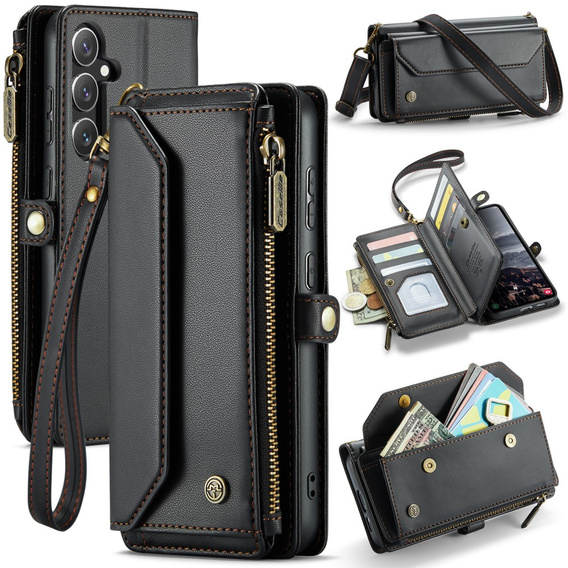 Etui CASEME do Samsung Galaxy S24 FE, RFID Leather Wallet, z paskiem na ramię, czarne