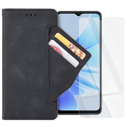 Zestaw Etui z klapką do Oppo A17, Card Slot, Czarne + Szkło 9H