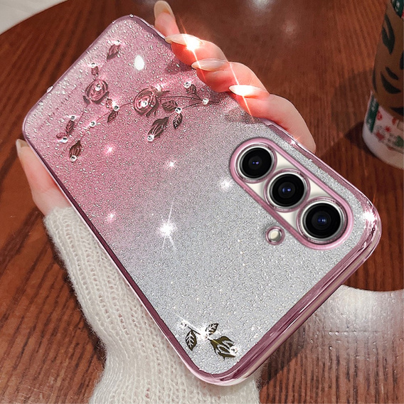 Etui do Samsung Galaxy A54, Glitter Flower, różowe rose gold