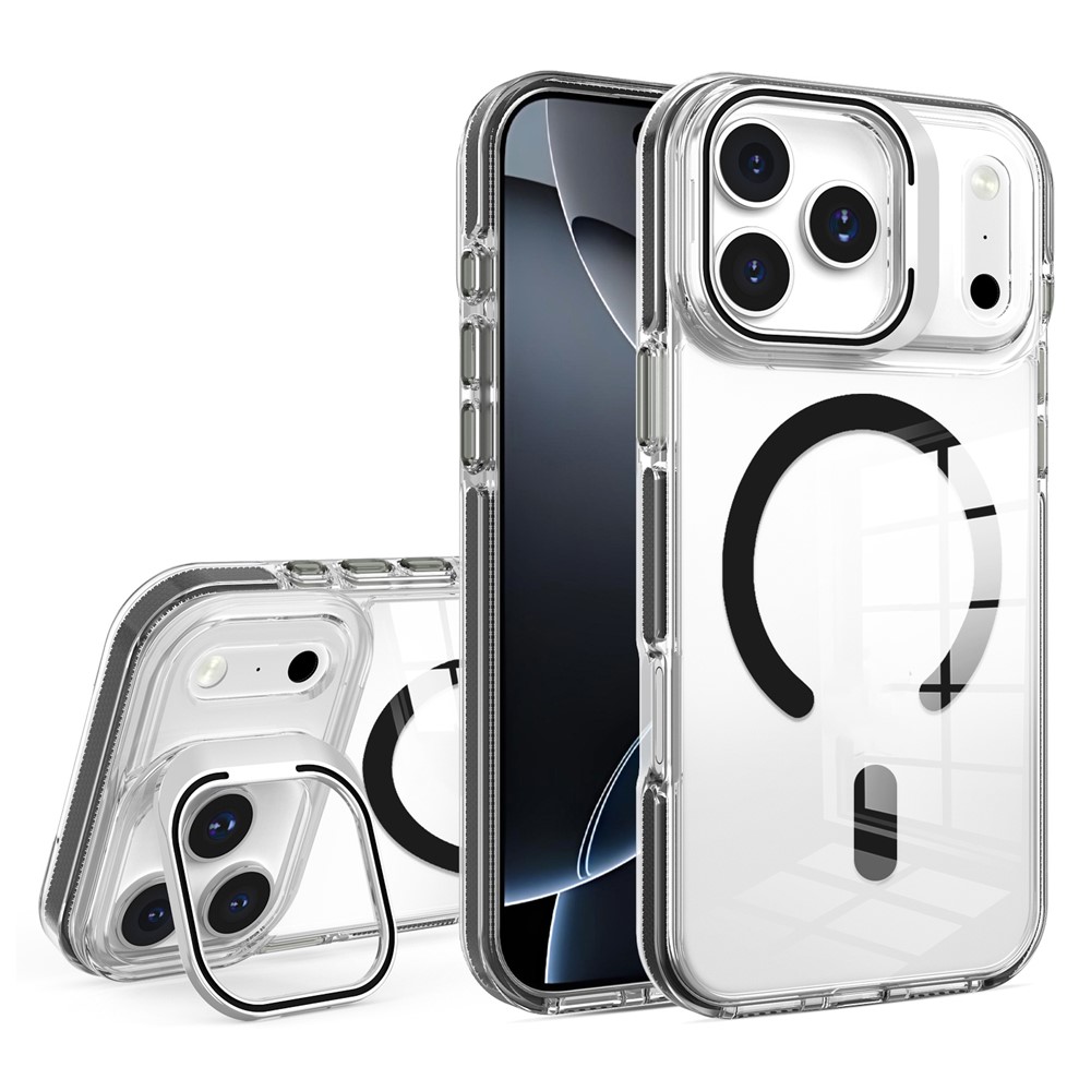Etui do iPhone 17 Pro Max, do MagSafe, z podstawką, przezroczyste z czarnymi akcentami