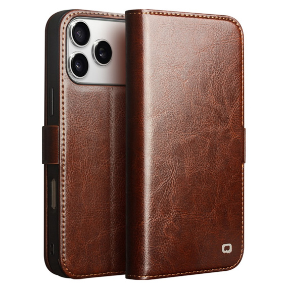 Etui ze skóry z klapką do iPhone 17 Pro Max, QIALINO Genuine Cow Leather – brązowe