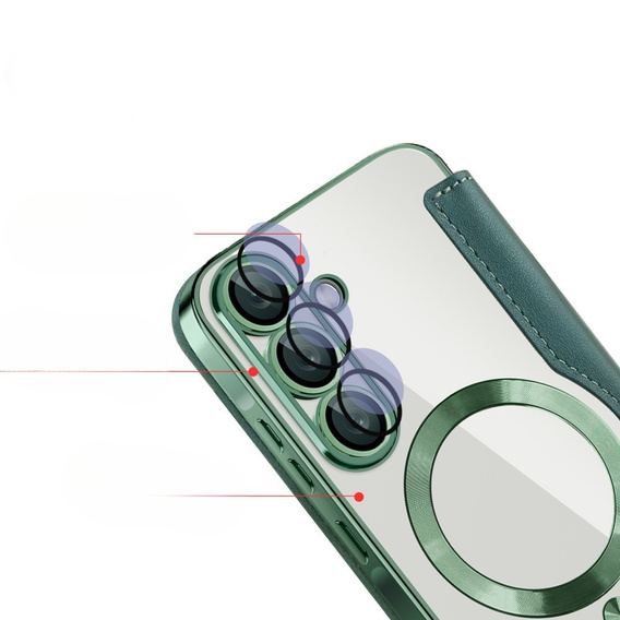 Etui z klapką do Samsung Galaxy A56 5G, RFID Wallet MagSafe z ochroną aparatu, zielone