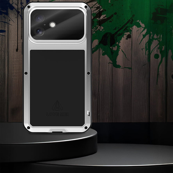 Etui Love Mei do iPhone 17, pancerne ze szkłem, srebrne