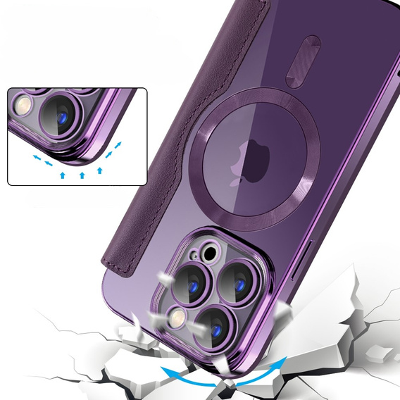 Etui z klapką do iPhone 15 Pro Max, RFID Wallet MagSafe z ochroną aparatu, fioletowe