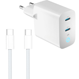 Zestaw Ładowarka Sieciowa 65W GaN 2x USB-C, biała + Nylonowy Kabel USB-C 1.5m