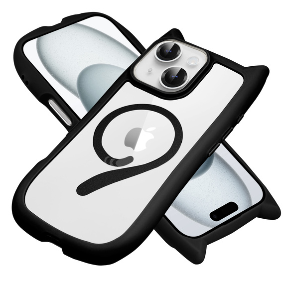Etui do iPhone 15, do MagSafe, Cute Cat, czarne + Szkło na ekran