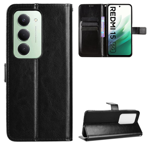 Etui z klapką do Xiaomi Redmi 15 5G / 4G, z teksturą Crazy Horse, czarne