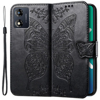 Zestaw Etui do Motorola Moto E13, z klapką portfel, Motyl, Czarne + Szkło