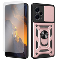 Zestaw Etui pancerne do Xiaomi Poco F5, Nox Camera Slide, różowe rose gold + Szkło