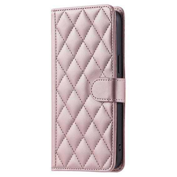 Etui z klapką do Samsung Galaxy S25, Rhombus Crossbody Leather, różowe rose gold