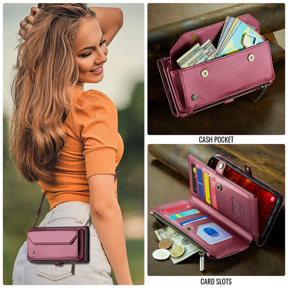 Etui CASEME do Samsung Galaxy S25 FE, RFID Leather Wallet, z paskiem na ramię, czerwone