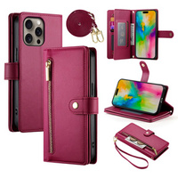 Etui z klapką do iPhone 16 Pro, Wallet Zipper Pocket, czerwone