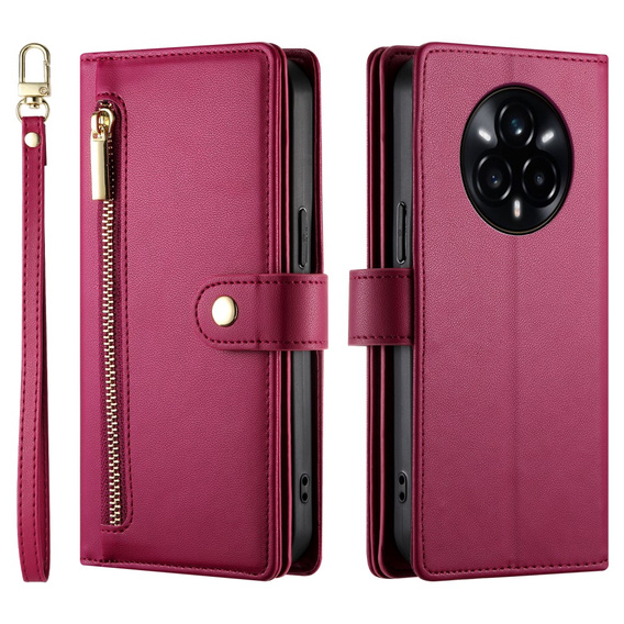 Etui z klapką do Realme 14 Pro+ 5G, Wallet Zipper Pocket, czerwone