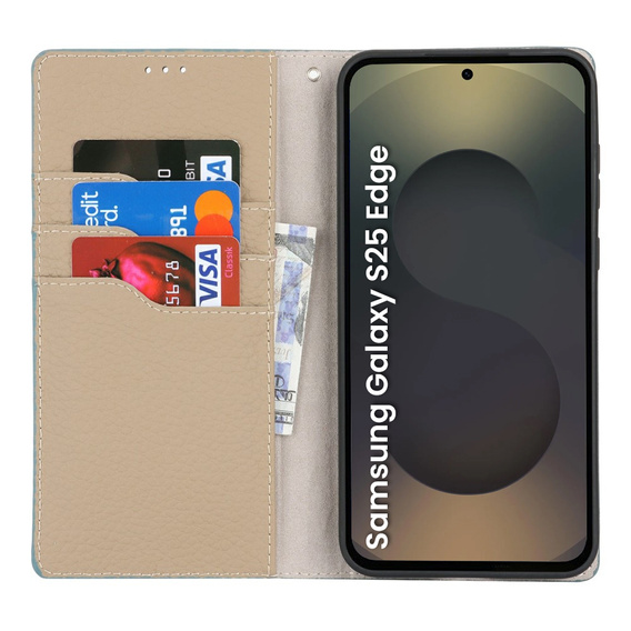 Etui z klapką do Samsung Galaxy S25 Edge, Litchi Skin Grain, niebieskie