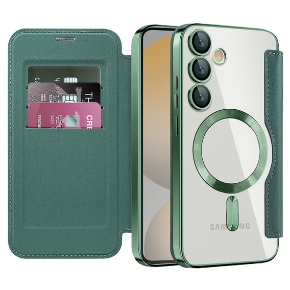 Etui z klapką do Samsung Galaxy S24 FE, RFID Wallet MagSafe z ochroną aparatu, zielone