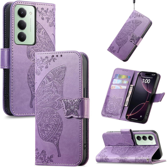 Etui z klapką do Xiaomi Redmi 15 5G / 4G, z wytłoczonym wzorem motyla, fioletowe