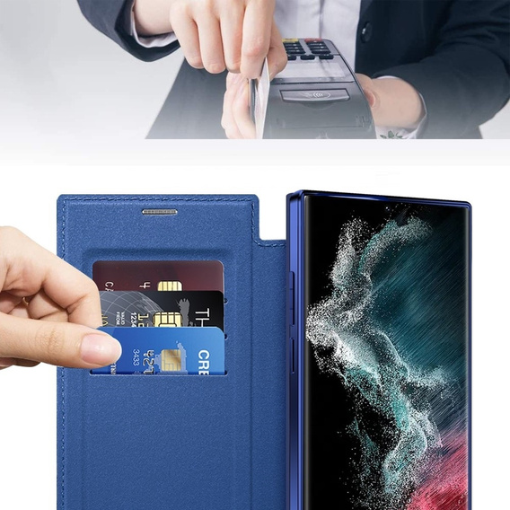 Etui z klapką do Samsung Galaxy S22 Ultra 5G, RFID Wallet MagSafe z ochroną aparatu, granatowe