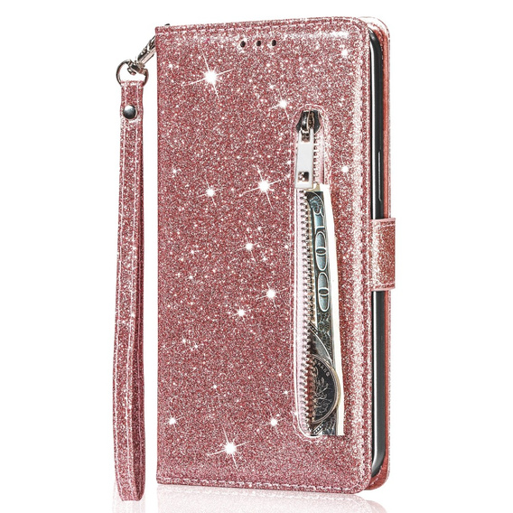 Etui z klapką do Samsung Galaxy A35 5G, Wallet Zipper Pocket Glittery, różowe rose gold