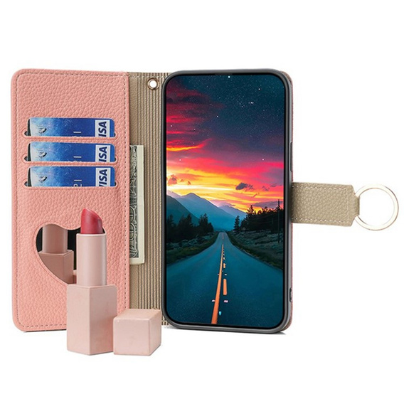 Etui z klapką do Samsung Galaxy A56 5G, Wallet Zipper Pocket, z lusterkiem, różowe