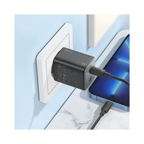 Ładowarka sieciowa HOCO 2x Typ-C + kabel Typ-C do Lightning PD/QC 45W GaN N42 czarna