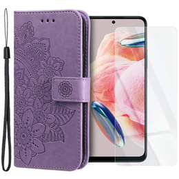 Zestaw Etui z klapką do Xiaomi Redmi Note 12 5G / POCO X5 5G, portfel Mandala i kwiaty, Fioletowe + szkło