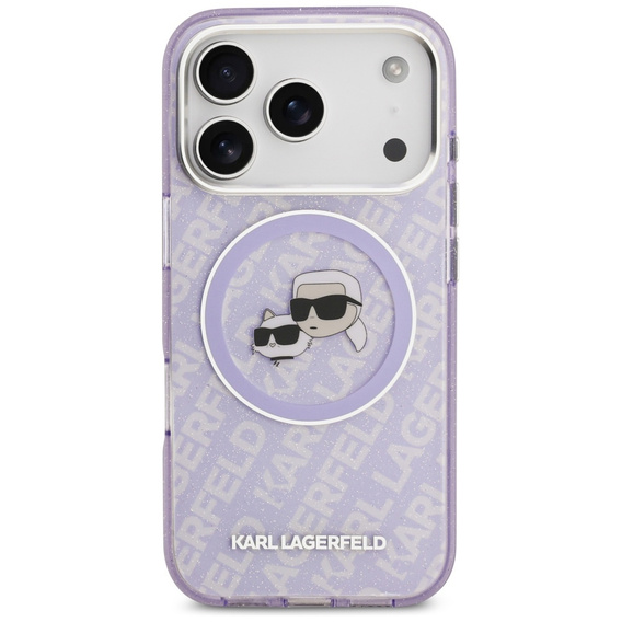 Etui Karl Lagerfeld do iPhone 17 Pro, IML Glitter Karl and Choupette Heads MagSafe, przezroczyste / fioletowe