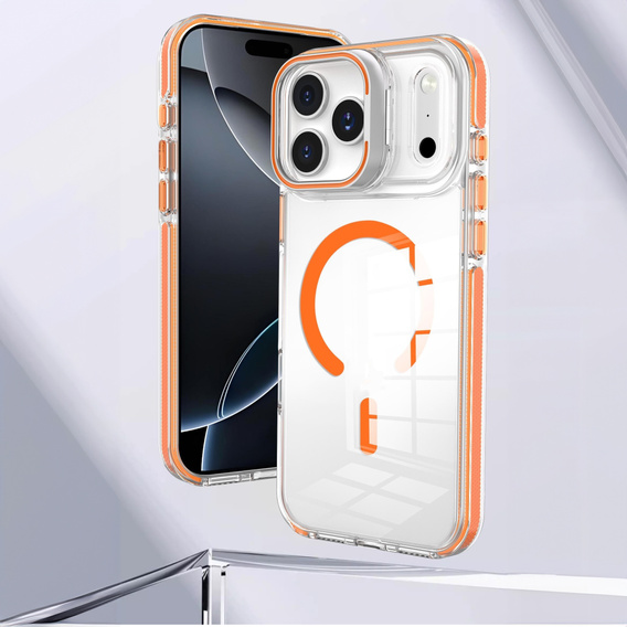 Etui do iPhone 17 Pro, do MagSafe, z podstawką, przezroczyste z pomarańczowymi akcentami