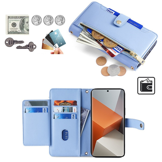 Etui z klapką do Xiaomi Redmi Note 13 Pro+, Wallet Zipper Pocket, niebieskie