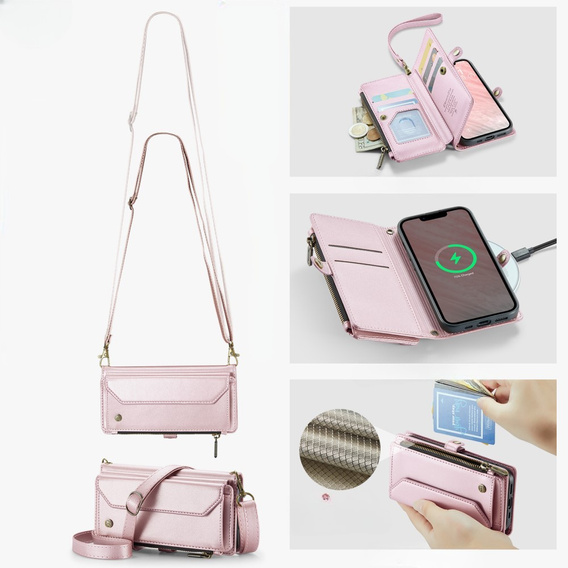 Etui CASEME do iPhone 16E, RFID Leather Wallet, z paskiem na ramię, różowe