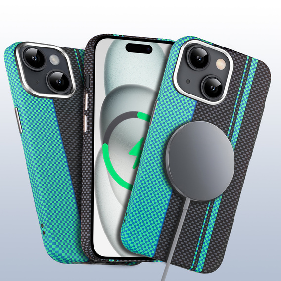 Etui do iPhone 15, Carbon Fiber MagSafe, czarne / niebieskie